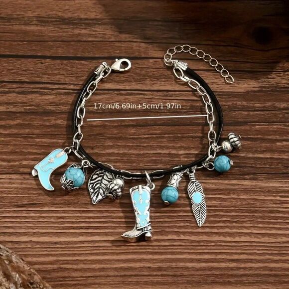 Turquoise Western Blue Tribal Style Charm Bracelet w Boot and Feather - Picture 2 of 2